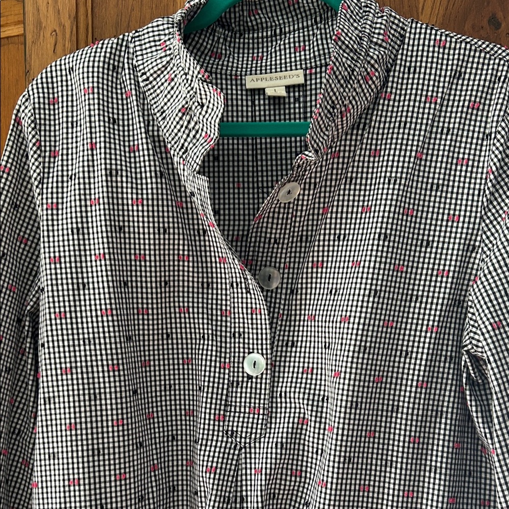 Appleseeds Black & White Check Popover Tunic with Subtle Hot Pink Dots - Picture 3 of 6
